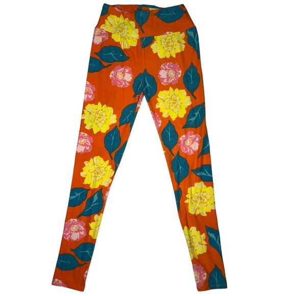 LuLaRoe Womens Leggings Yellow Carnation Floral Orange Buttery Soft One Size - Picture 2 of 6